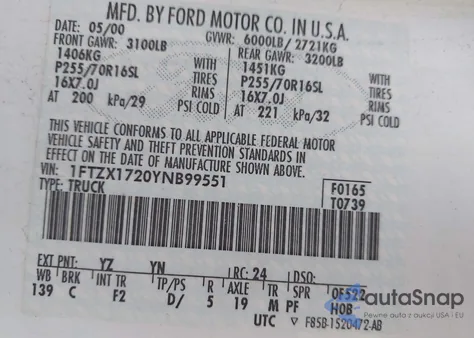2000 Ford F-150 Work Series/Xl/Xlt z USA, uszkodzony, nr VIN 1FTZX1720YNB99551